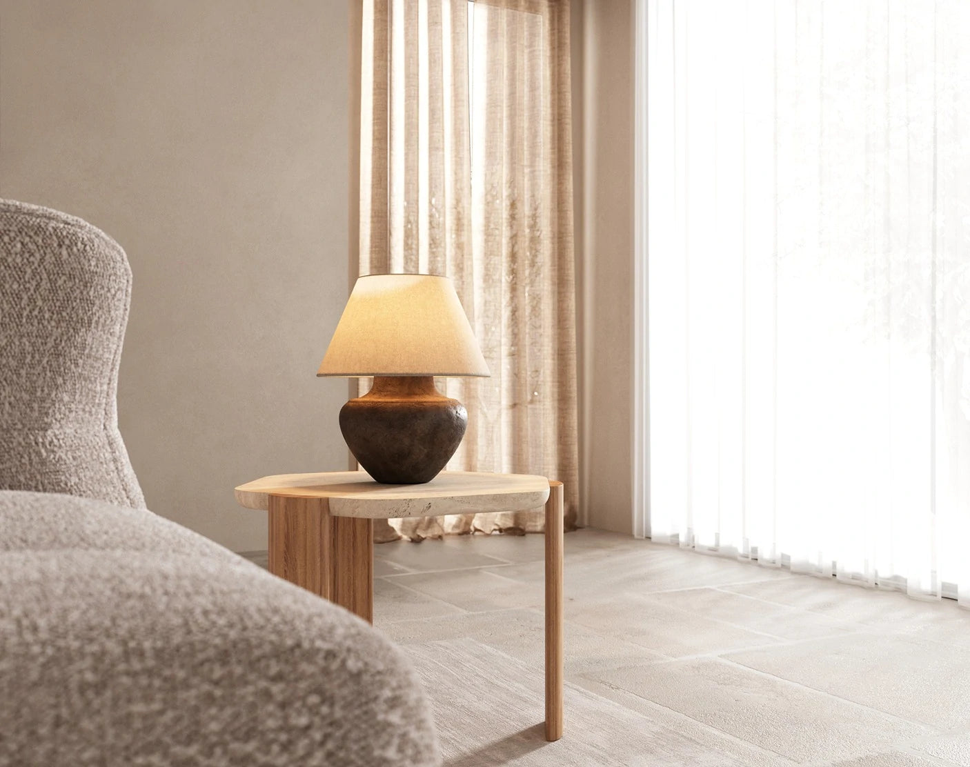 Side Table in Travertine Marble and Natural Paraná Oak Legs