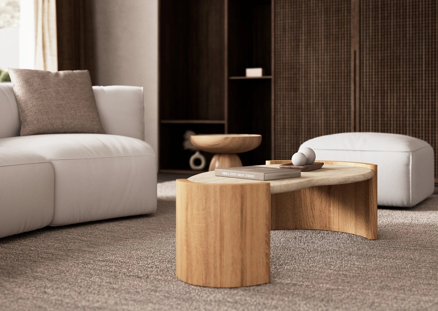 Coffee table with travertine marble and Volga oak legs