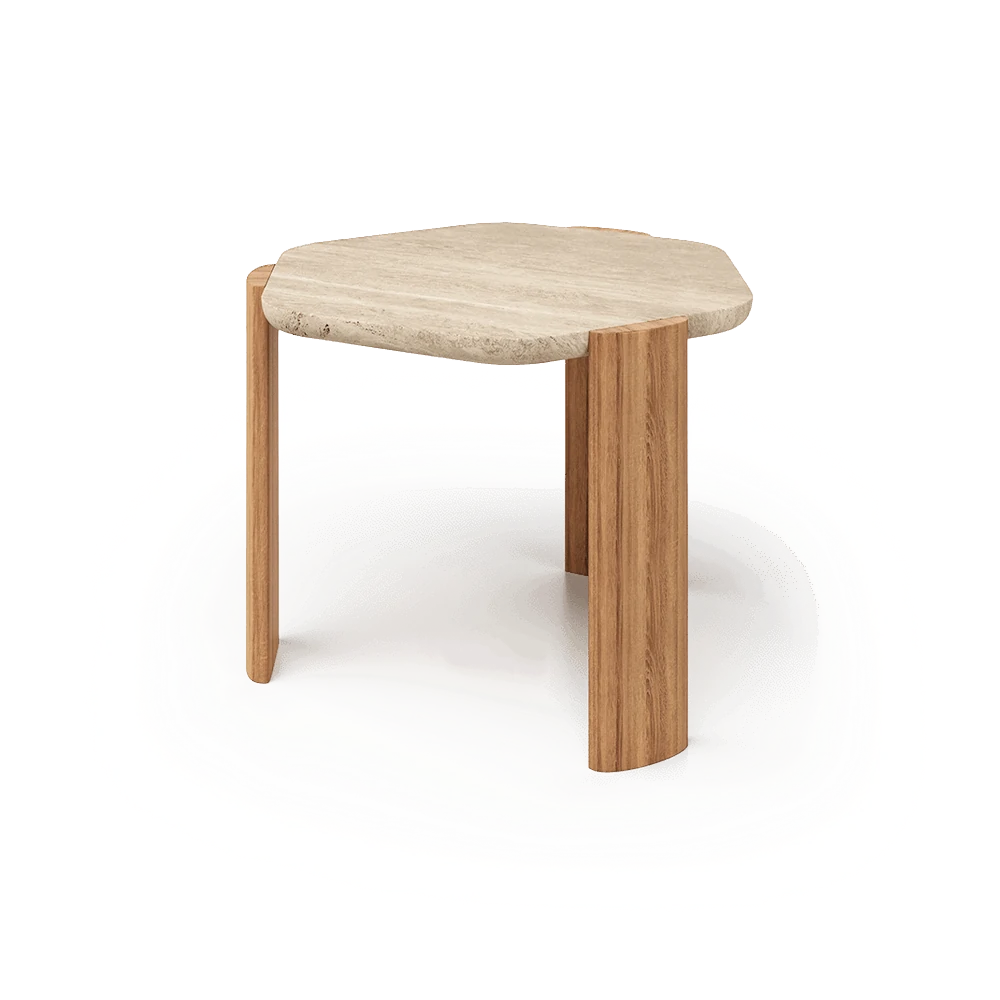Side Table in Travertine Marble and Natural Paraná Oak Legs