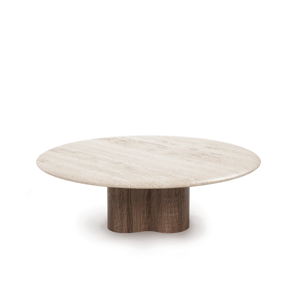 Coffee table with travertine marble and walnut legs Hara