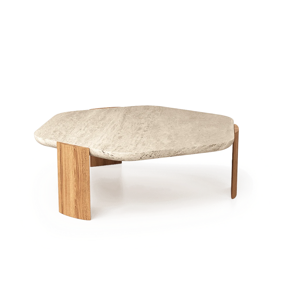 Travertine Marble Coffee Table with Natural Paraná Oak Legs