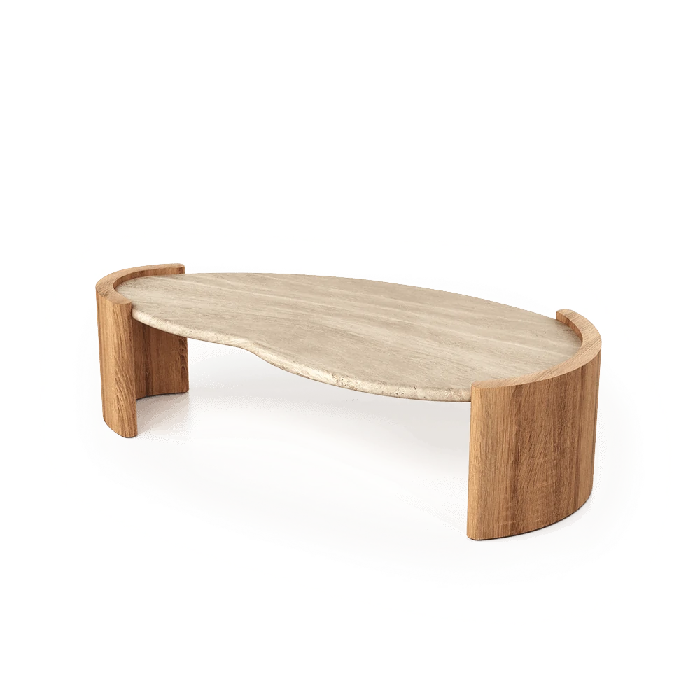 Coffee table with travertine marble and Volga oak legs