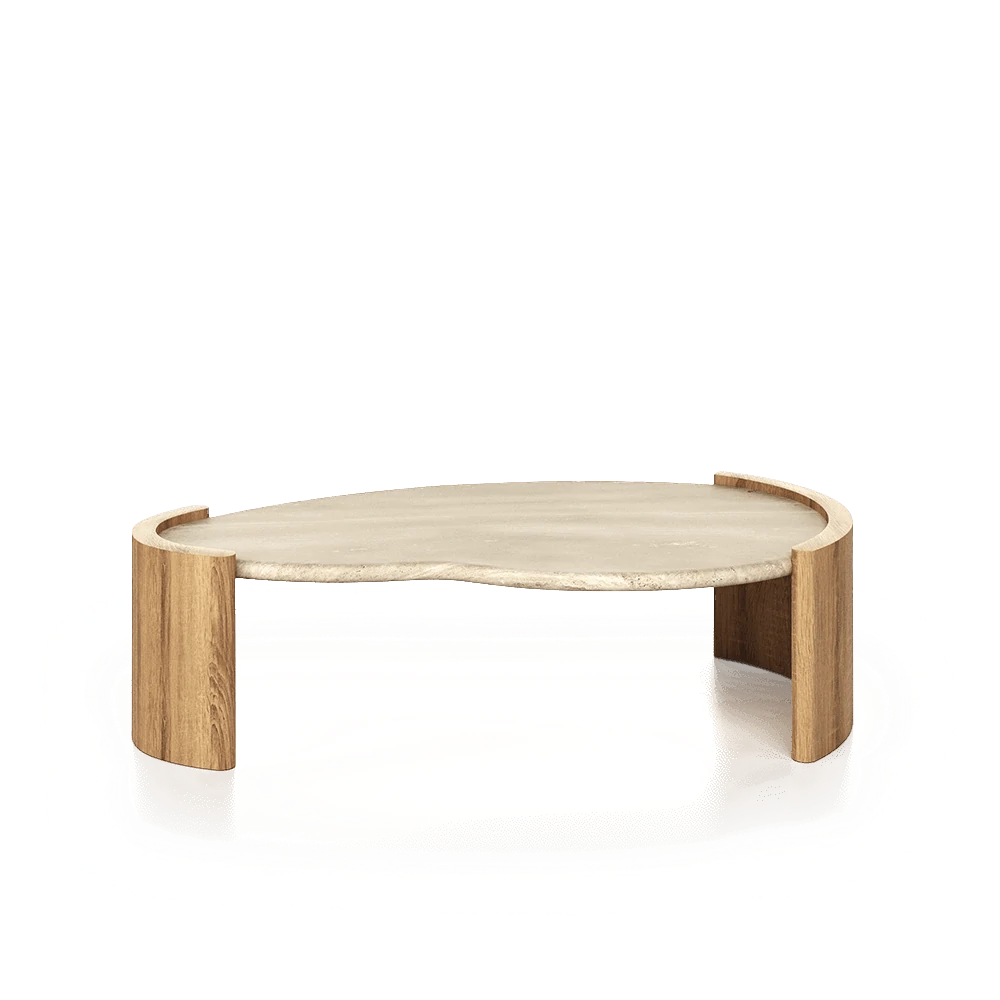 Coffee table with travertine marble and Volga oak legs