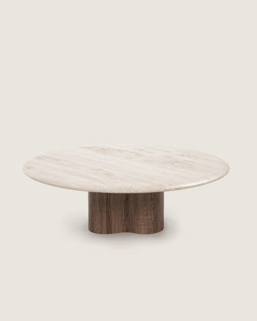 Mesa centro salón comedor redonda madera y mármol calidad premium mediana travertino blanco Hara