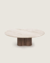 Table basse de salon salle à manger ronde bois et marbre qualité premium moyenne travertin blanc Hara