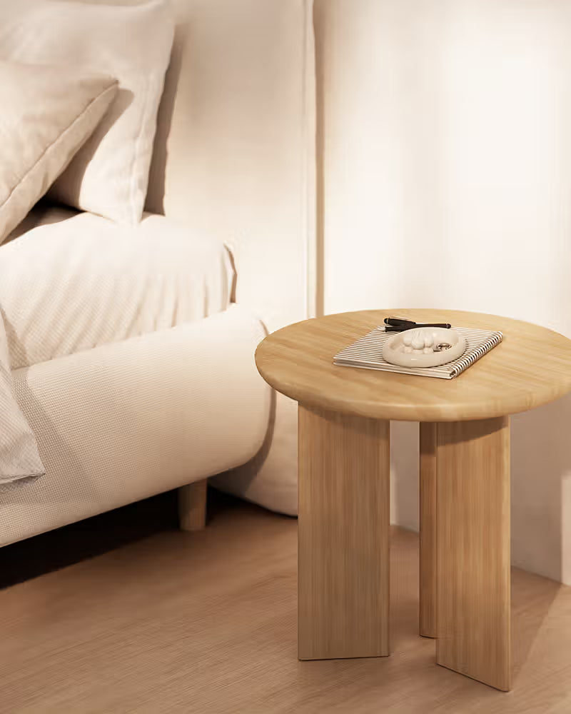 Mesa auxiliar salón comedor redonda madera calidad premium pequeña roble Zen