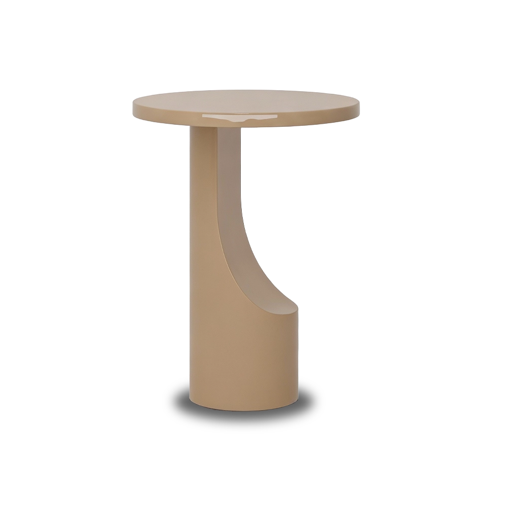 Alia round side table in microcement with a high-gloss finish