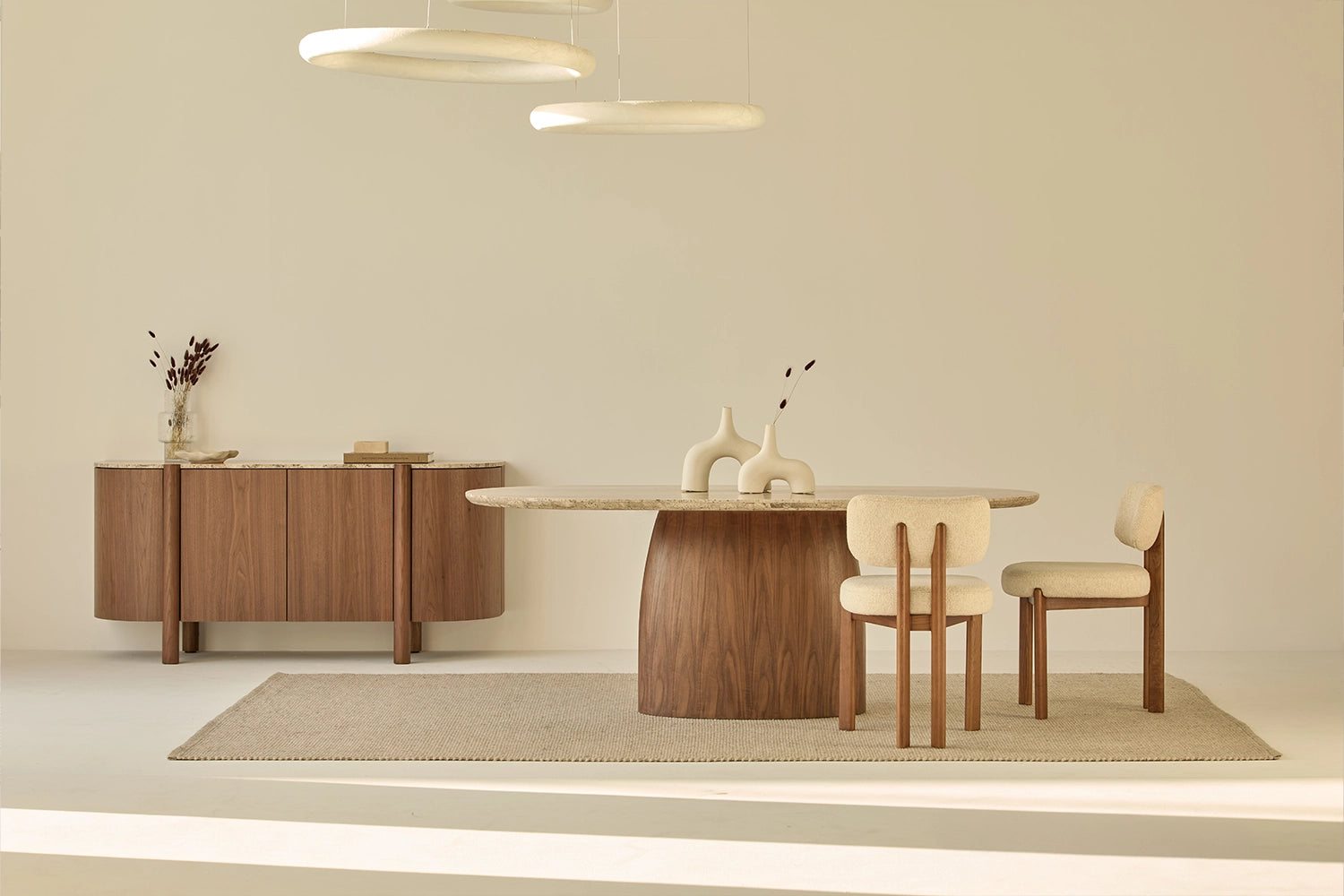 Lily sideboard in different wood finishes with a travertine marble top
