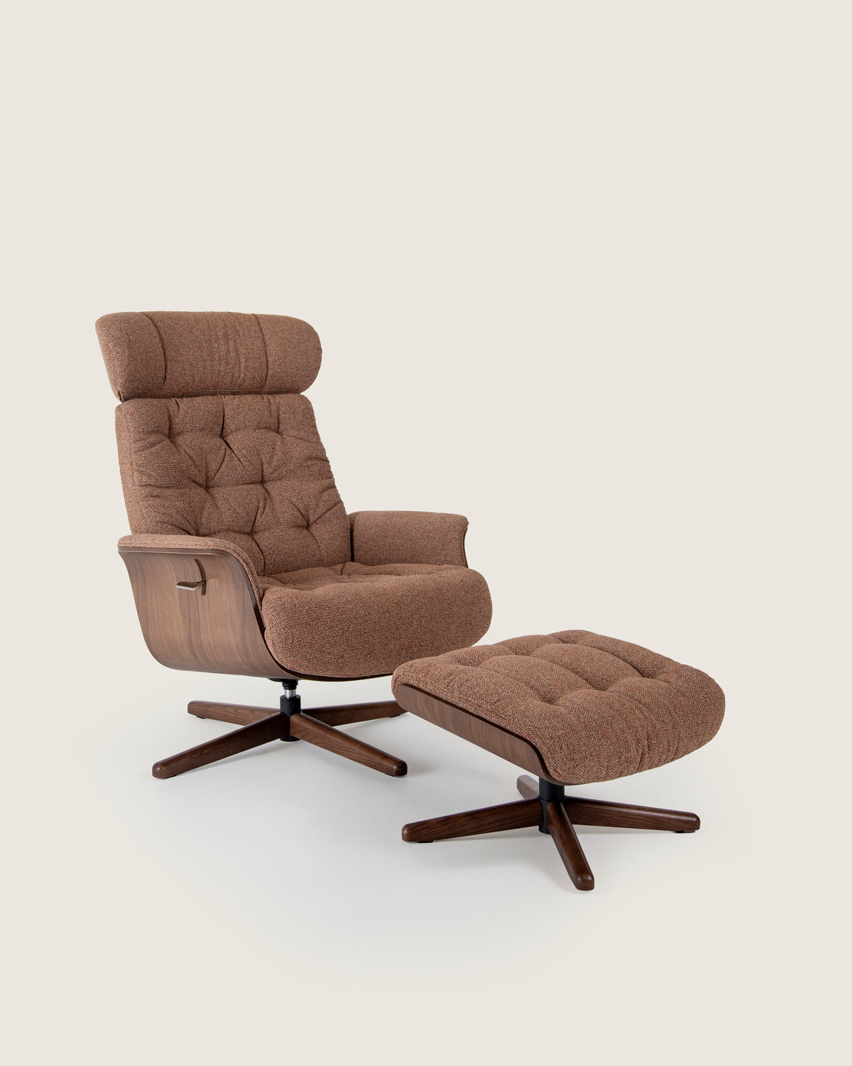 Swivel armchair with oak wood footrest upholstered in bani caramel Park