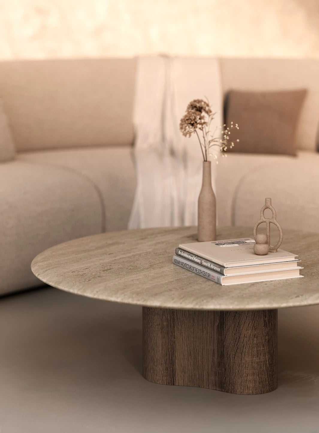 Coffee table with travertine marble and walnut legs Hara