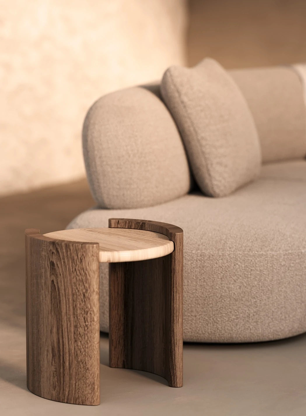 Mesa Volga auxiliar con tapa de mármol travertino y patas de roble