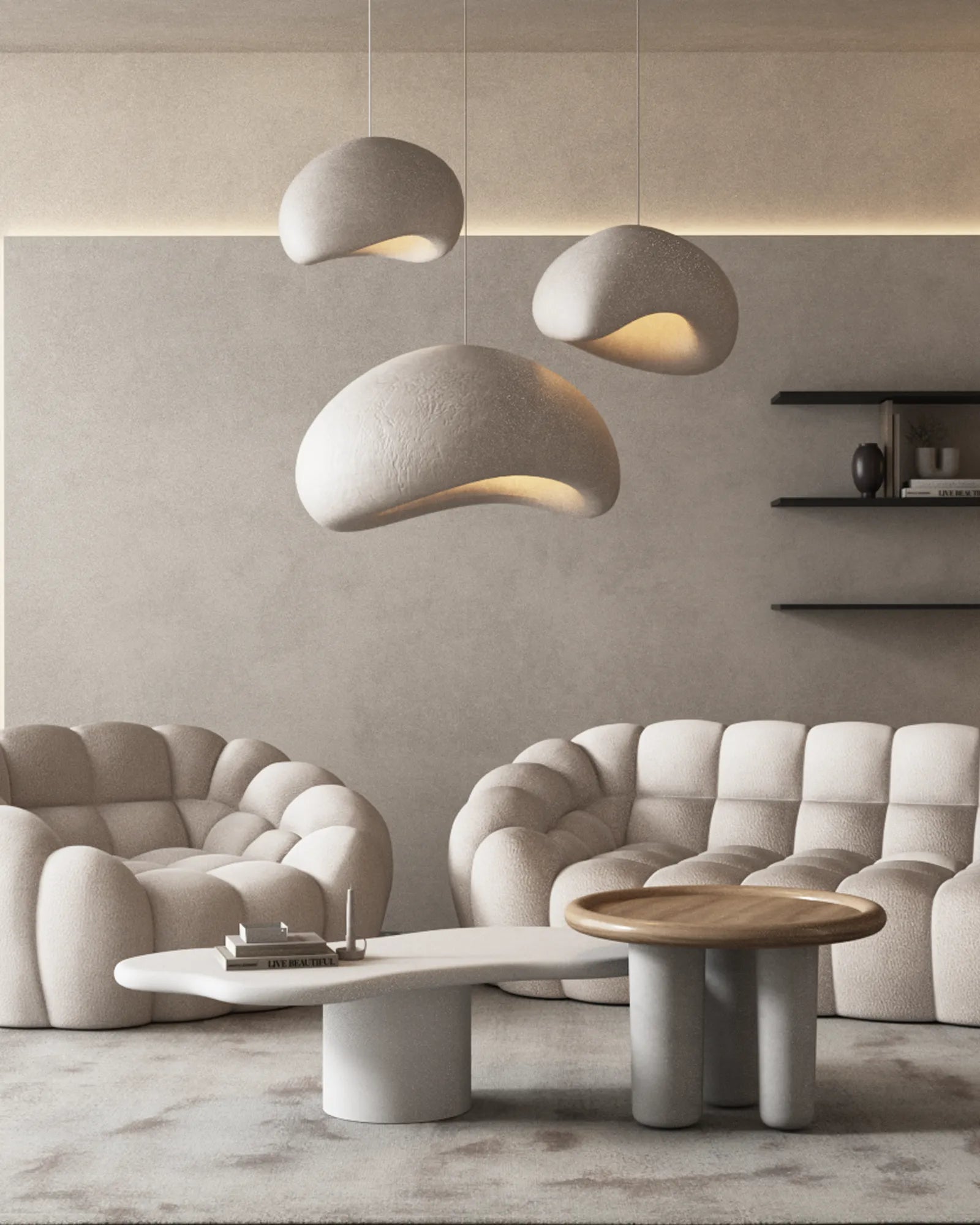 Set de 3 lámparas colgantes de techo CLOUD fabricadas en material de resina con acabado texturizadas en medidas 30 x 40 x 60.