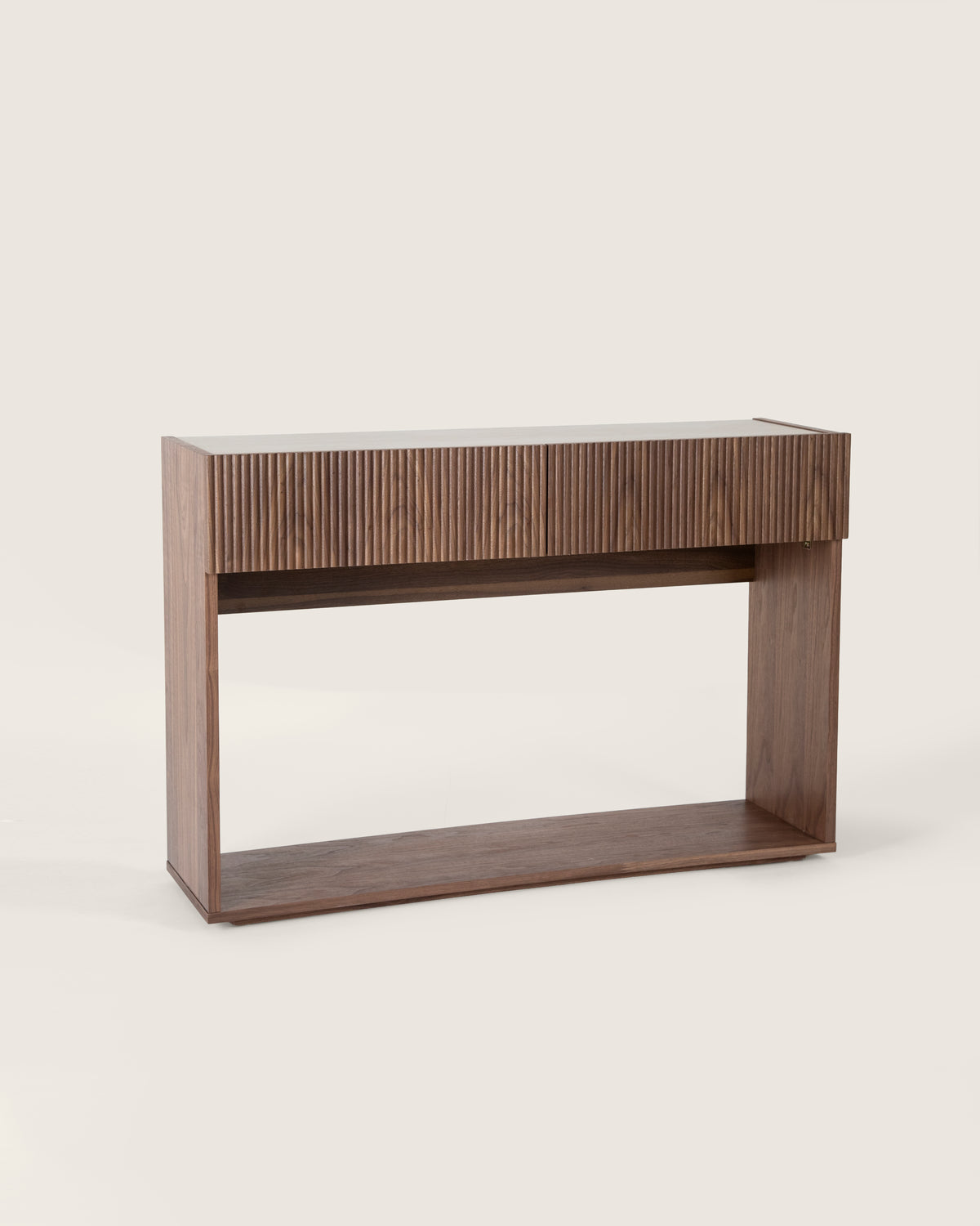 Console Sandy avec tasseaux en bois finition noyer et plateau effet marbre travertin