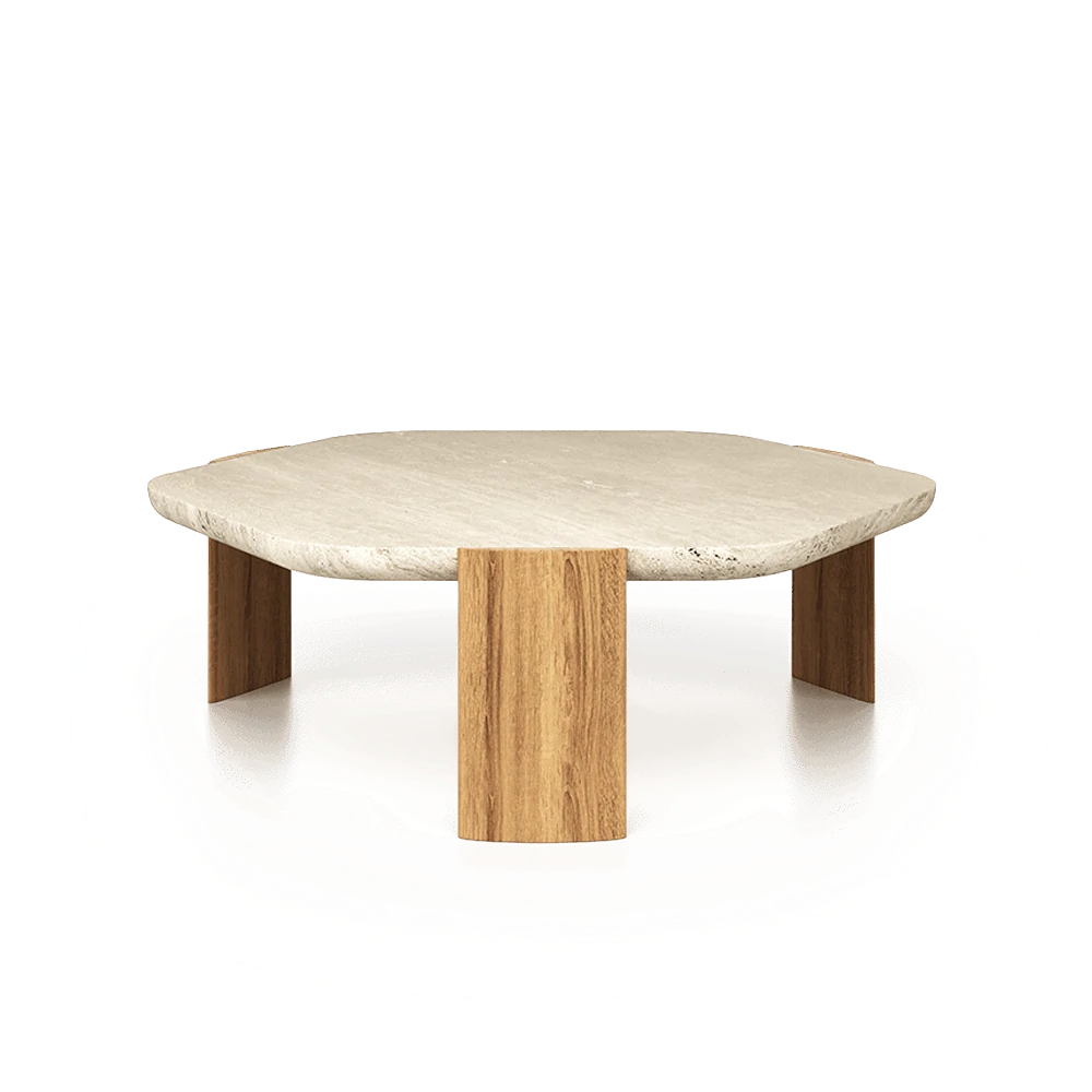 Mesa Paraná de centro con tapa de mármol travertino y patas de roble natural