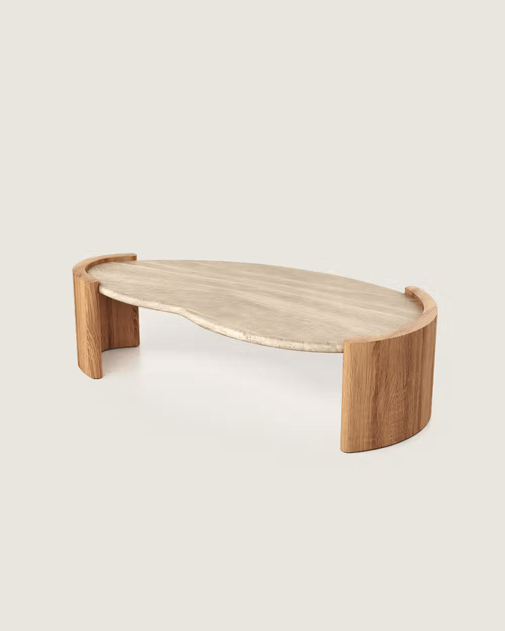 Mesa centro salón comedor redonda madera fresno y mármol calidad premium grande travertino blanco Volga