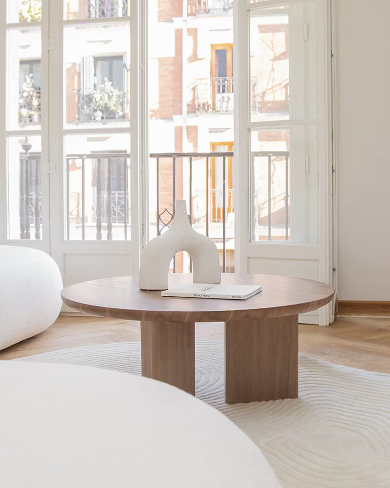 mesa centro salón comedor redonda madera calidad premium mediana nogal Zen