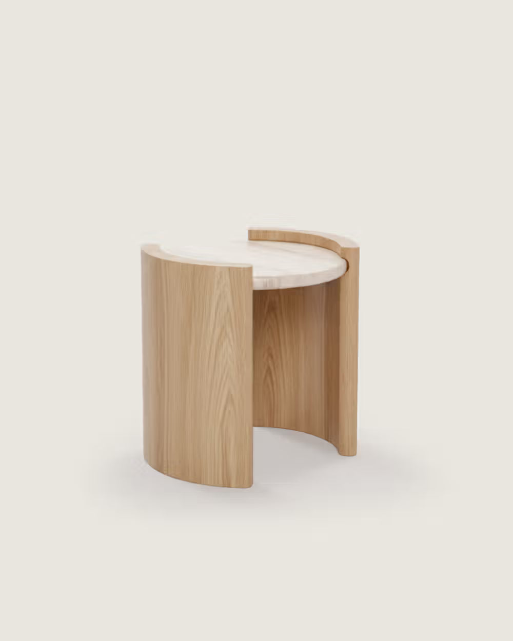 Mesa auxiliar salón comedor redonda madera roble y mármol calidad premium pequeña travertino blanco Volga