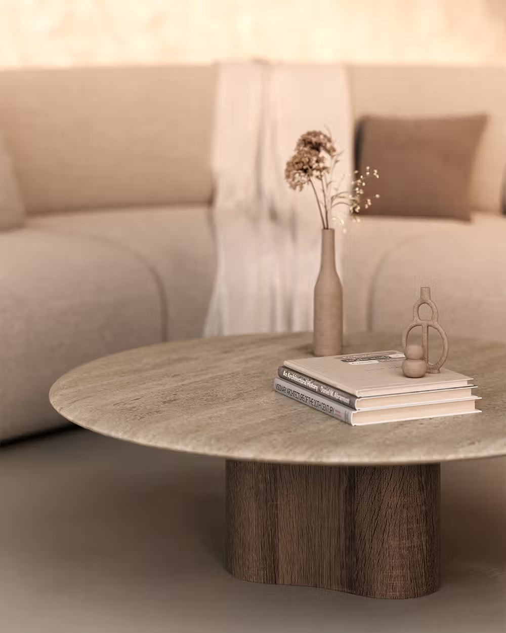 Mesa centro salón comedor redonda madera y mármol calidad premium mediana travertino blanco Hara