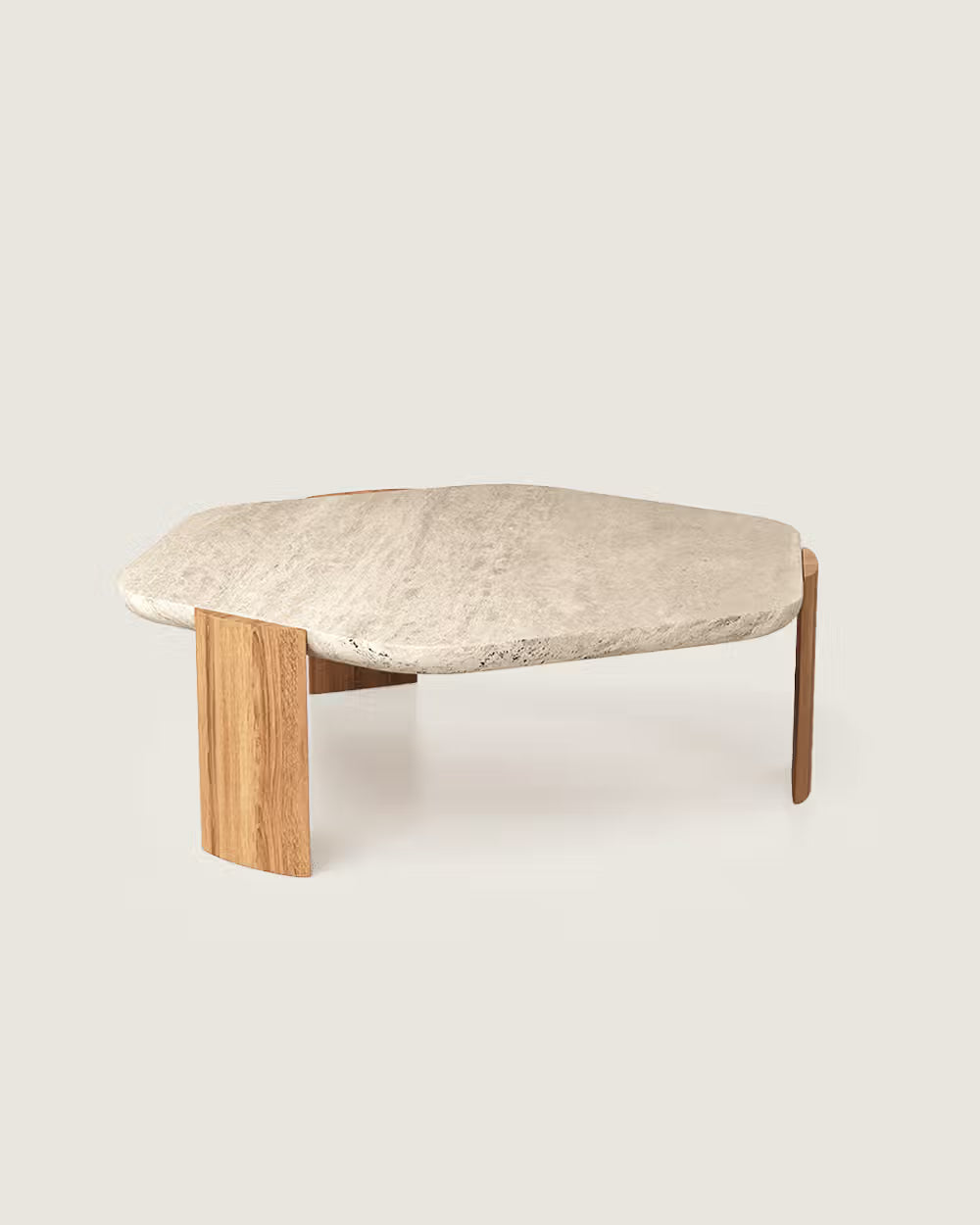 Mesa auxiliar salón comedor hexagonal madera y mármol calidad premium pequeña travertino blanco Paraná