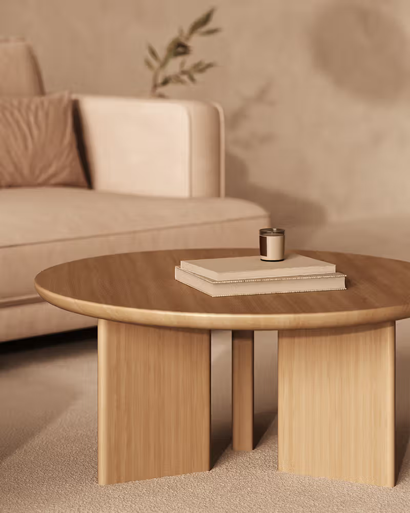 mesa centro salón comedor redonda madera calidad premium mediana roble Zen