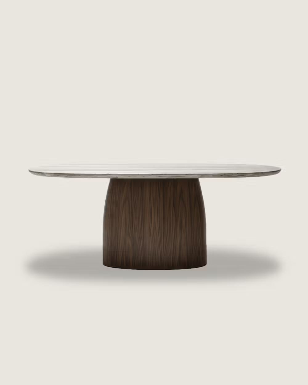 Mesa comedor ovalada madera y mármol travertino gris calidad premium mediana nogal Kaia