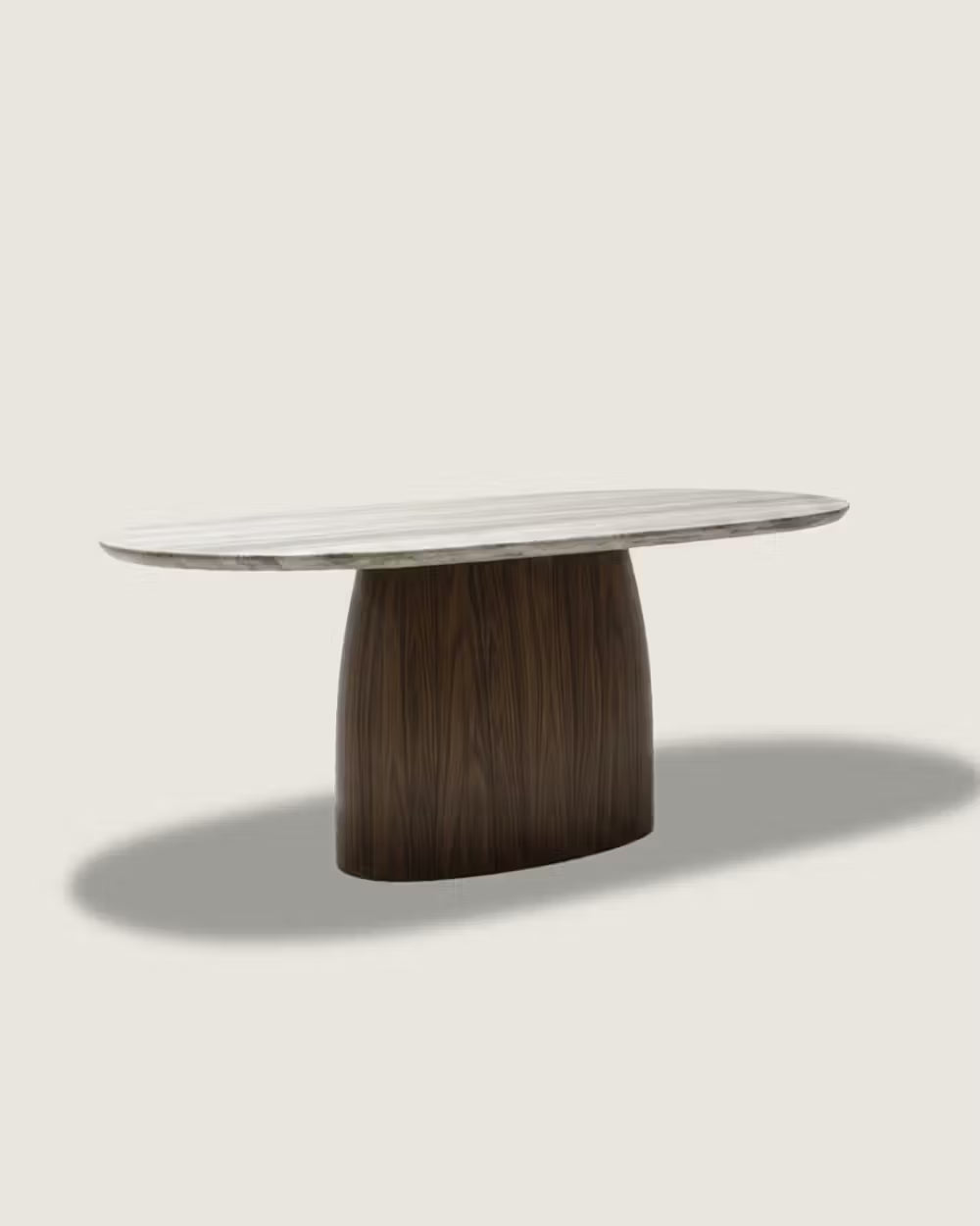 mesa comedor ovalada madera y mármol travertino gris calidad premium grande nogal Kaia