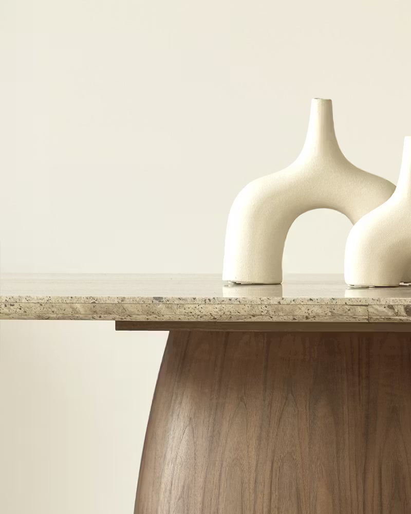 mesa comedor ovalada madera y mármol travertino gris calidad premium grande nogal Kaia
