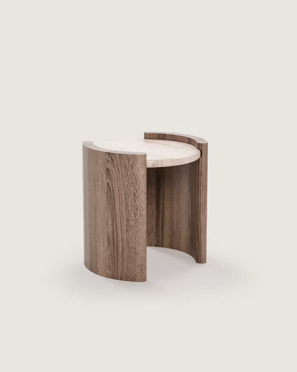 Mesa auxiliar salón comedor redonda madera nogal y mármol calidad premium pequeña travertino blanco Volga
